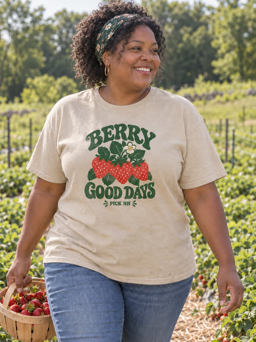 Berry Good Days concept on a sand adult shirt in a farm setting
