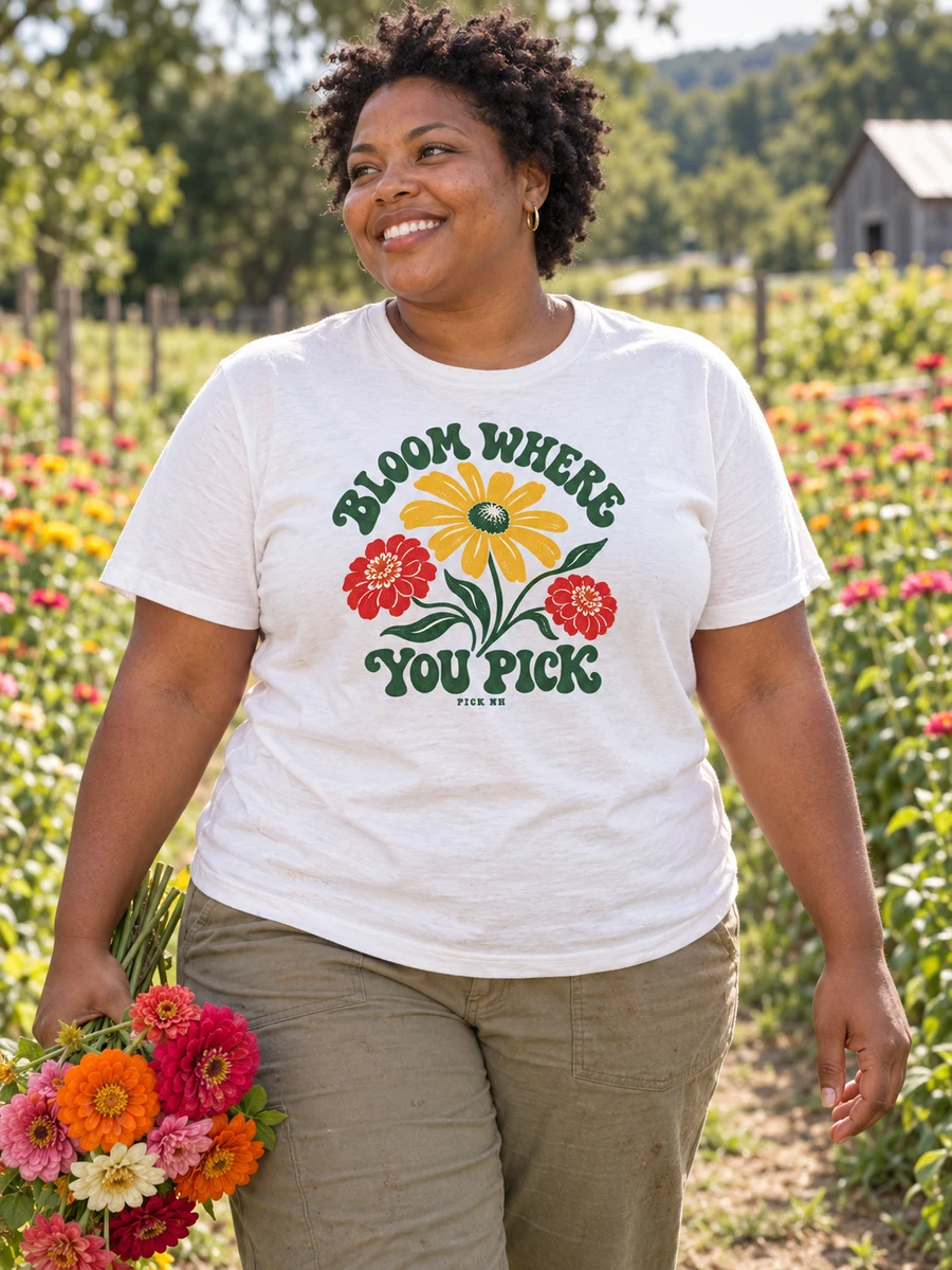 Bloom Where You Pick concept on a white adult shirt in a farm setting