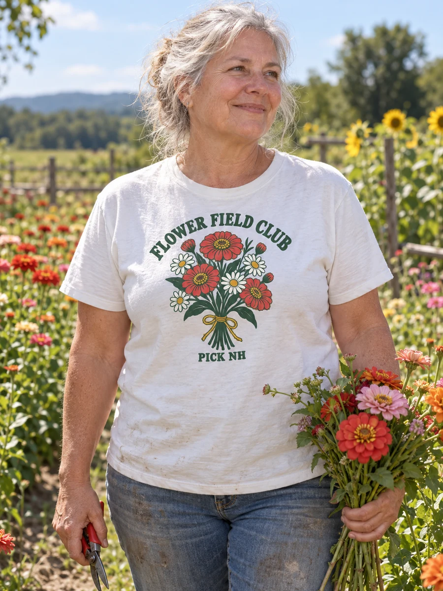 Flower Field Club concept on a white adult shirt in a farm setting