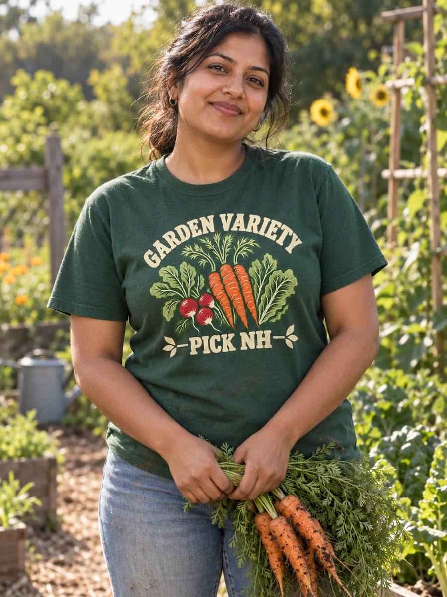 Garden Variety concept on a glazed green adult shirt in a farm setting