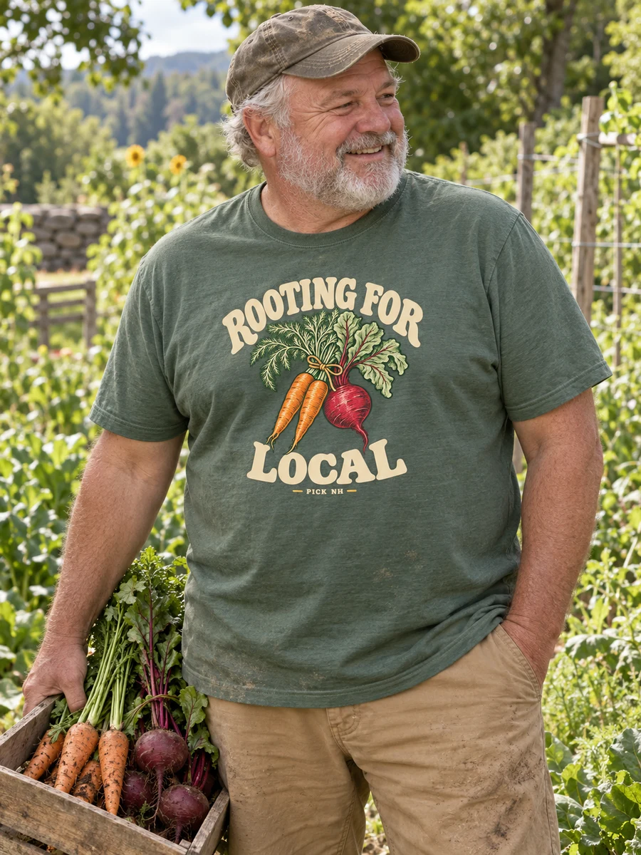 Rooting for Local concept on a glazed green adult shirt in a farm setting